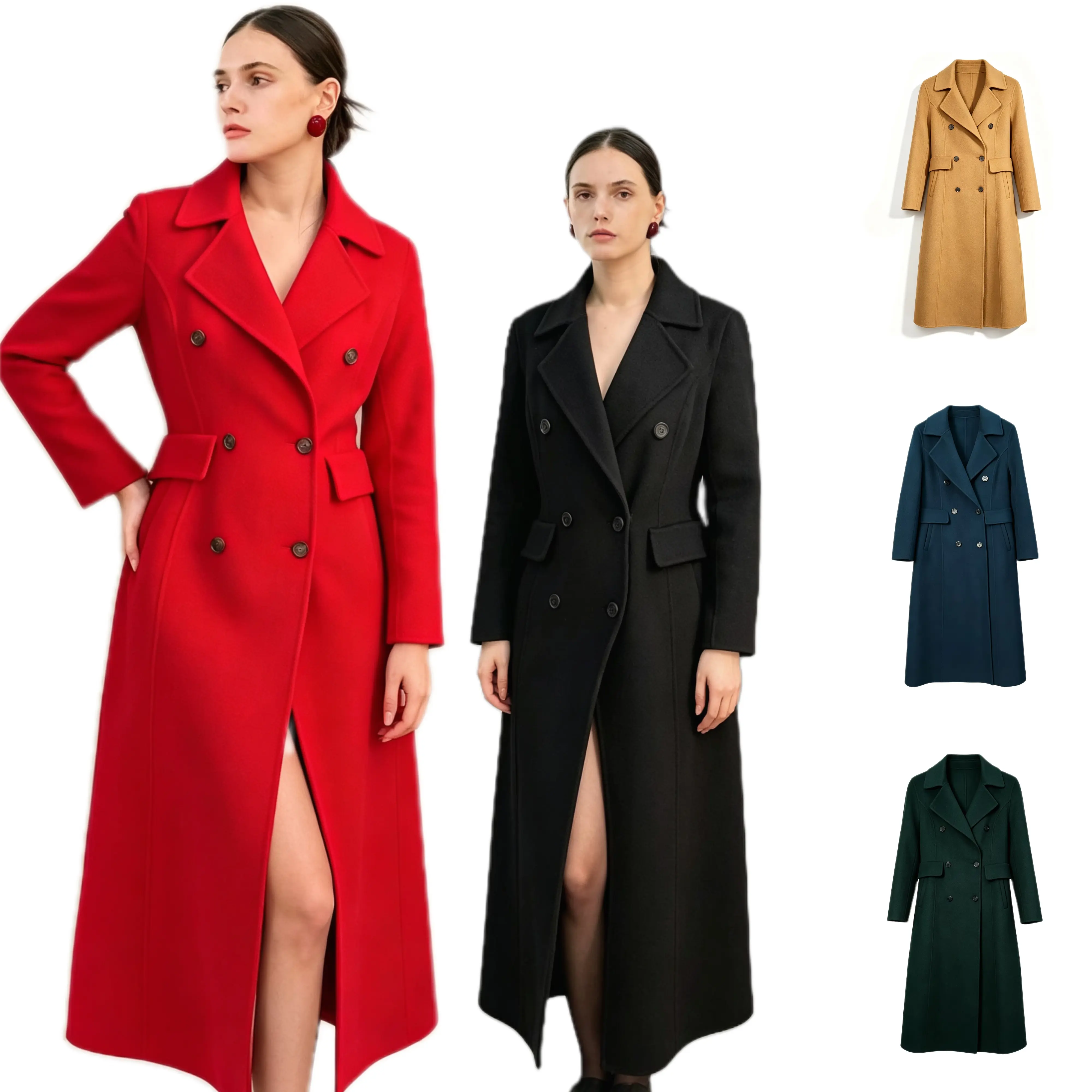 Women's Elegant Solid Plain Double-Breasted Wool Maxi Coat - Notched Lapel, Tailored Overcoat, Back Waist Design, Slim-Fit Long Winter Outerwear for Wedding Party, Daily Wear