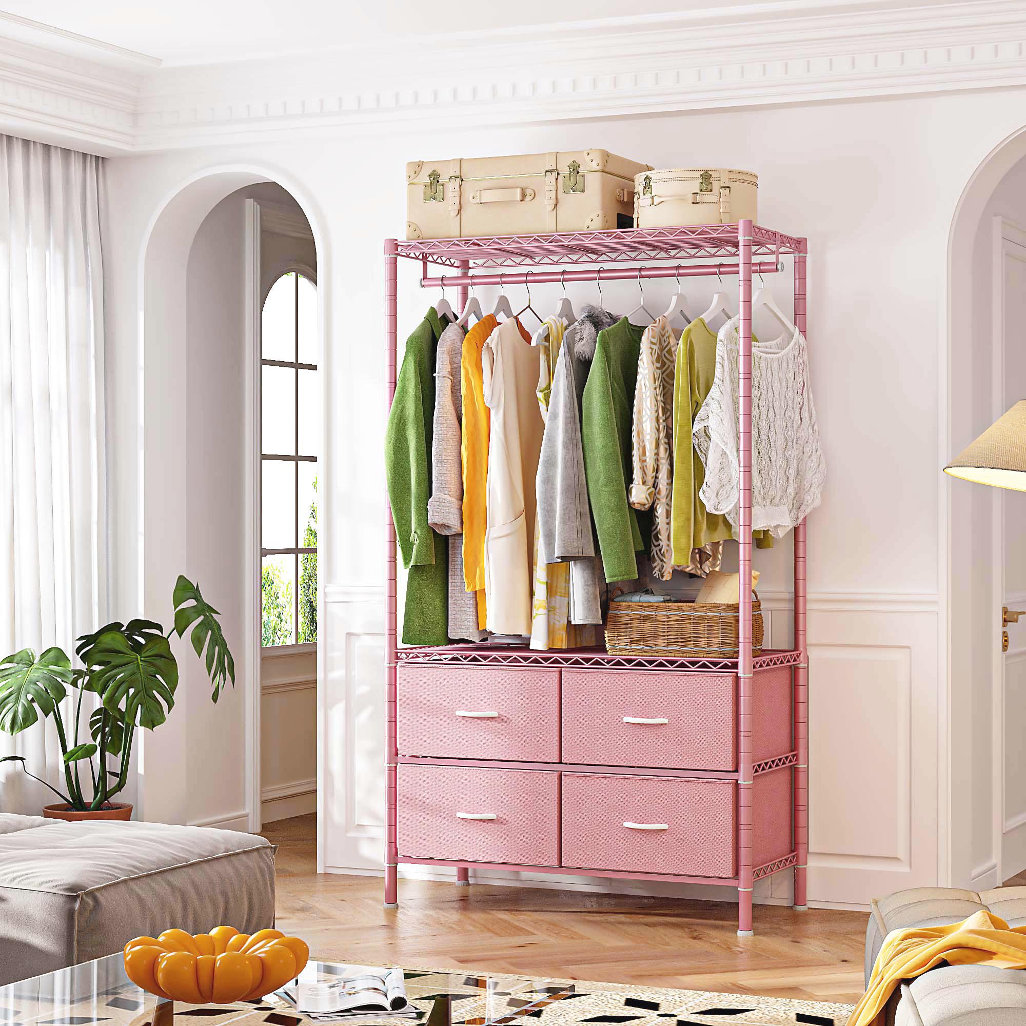 Raybee 3 in 1 Clothes Rack with 4 Drawers, 445LBS Heavy Duty Clothing Rack Closet Rack, Garment Racks for Hanging Clothes Heavy Duty Clothes Rack DIY Portable Adjustable Storage Rack for Apartment, Bedroom, Laundry Room