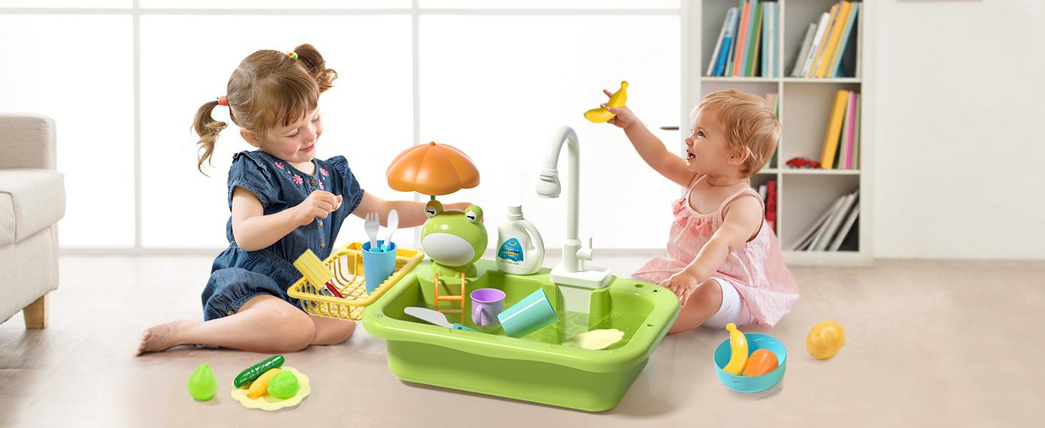 CUTE STONE Play Sink with Running Water Interactive Kitchen Sink Toys Upgraded Electric Faucet Pool Floating Fishing Toys for Water Play Miniature Cooking Set Kids Vanity - Artificial