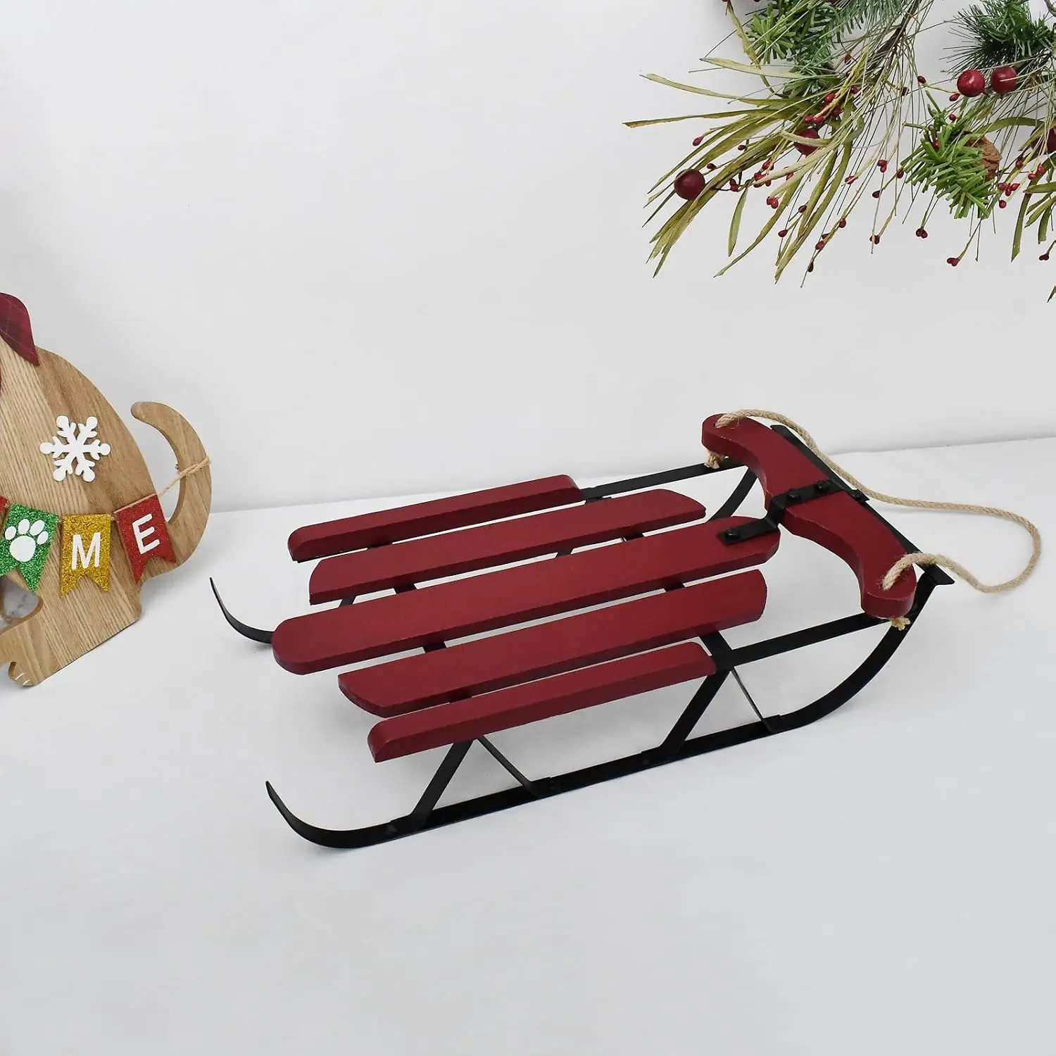 Wood Sleigh Decor Rustic Christmas Hanging Ornament, 10X19 Inch Decorative Sled Hanging Christmas Sled Decoration with Metal Base Wall Art Decor Sled Door Hanging Decoration Holiday Decor Xmas Gift