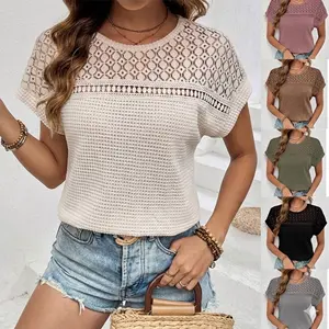 Women's Boho Crochet Knit Tops Short Sleeve Hollow Out Shirts Trendy Summer Pointelle Sweaters Beach Cover Up Blouse