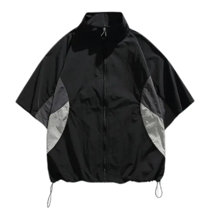 Men's Nylon-Polyamide Casual Short-Sleeve Lightweight Jacket - Collared Mock Neck, Half Zipper, Loose Fit Airflow, Color-Block Panels, Quick-Drying, Breathable, Sun Protection, Sporty Look Versatile Top