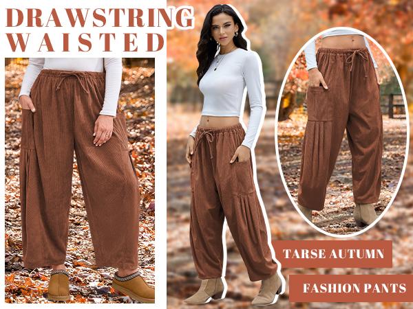 【NEW】TARSE Womens Corduroy Pants Wide Leg Palazzo Harem Pants Drawstring Casual Loose Barrel Work Trousers with Pockets Baggy Vintage Fall Winter Bottoms