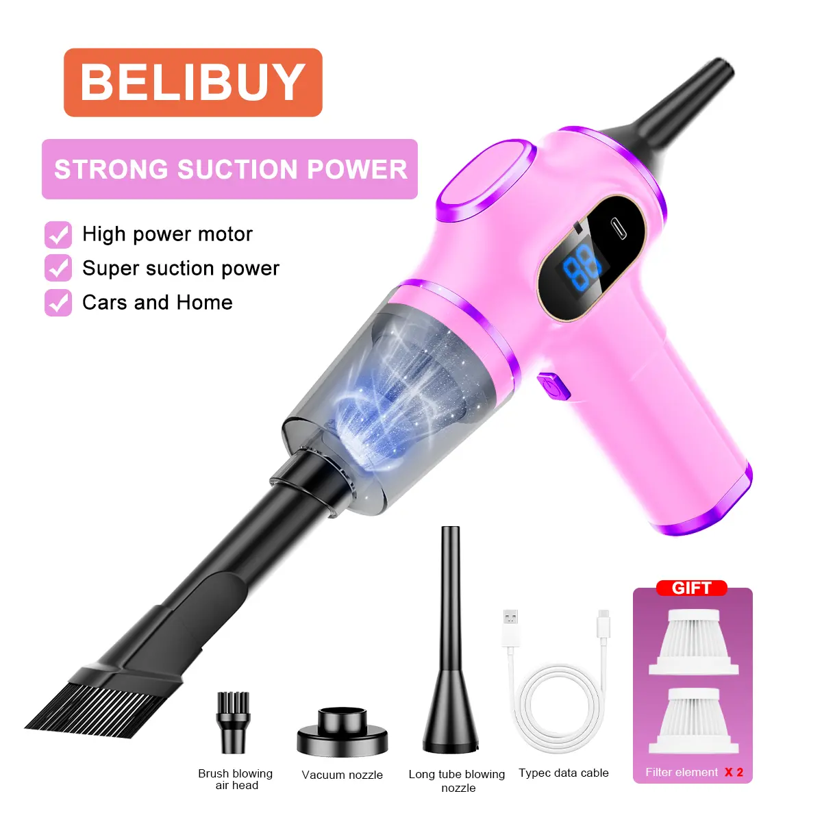 Belibuy-V12 Cordless Rechargeable Hand Vacuum Cleaner - 4-in-1 High Power Mini Battery Powered Vacuum for Car Users, Home Use with Long Life Battery