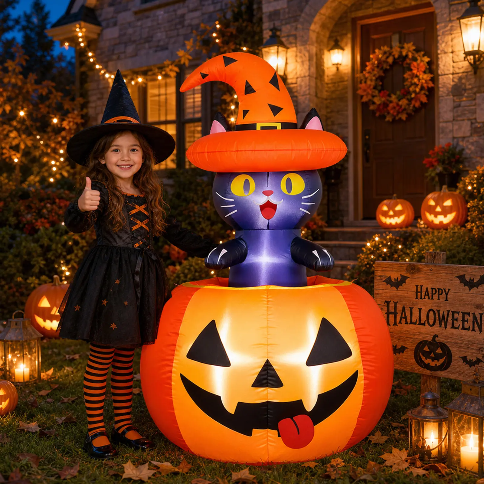 SHareconn Waterproof Halloween Inflatable Cat & 10FT Giant Inflatable Pumpkin Decor, LED Lights, Orange Geometric Art Deco, Auto Power Off, Tie Tool Included - Indoor Party, Outdoor Garden Lawn Festive Supplies
