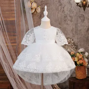 6M-3Y White 3115 Anniversary Baby Girls Clothes Infant Birthday Cocktail Dress Toddler Pageant Newborn Bow Lace Trailing Skirt Ball Gown Princess Baptism Frock