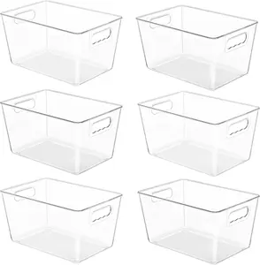 6 Pack Clear Pantry Organizer Bins with Handles – Plastic Storage Containers for Kitchen, Freezer, Cabinet & Bathroom