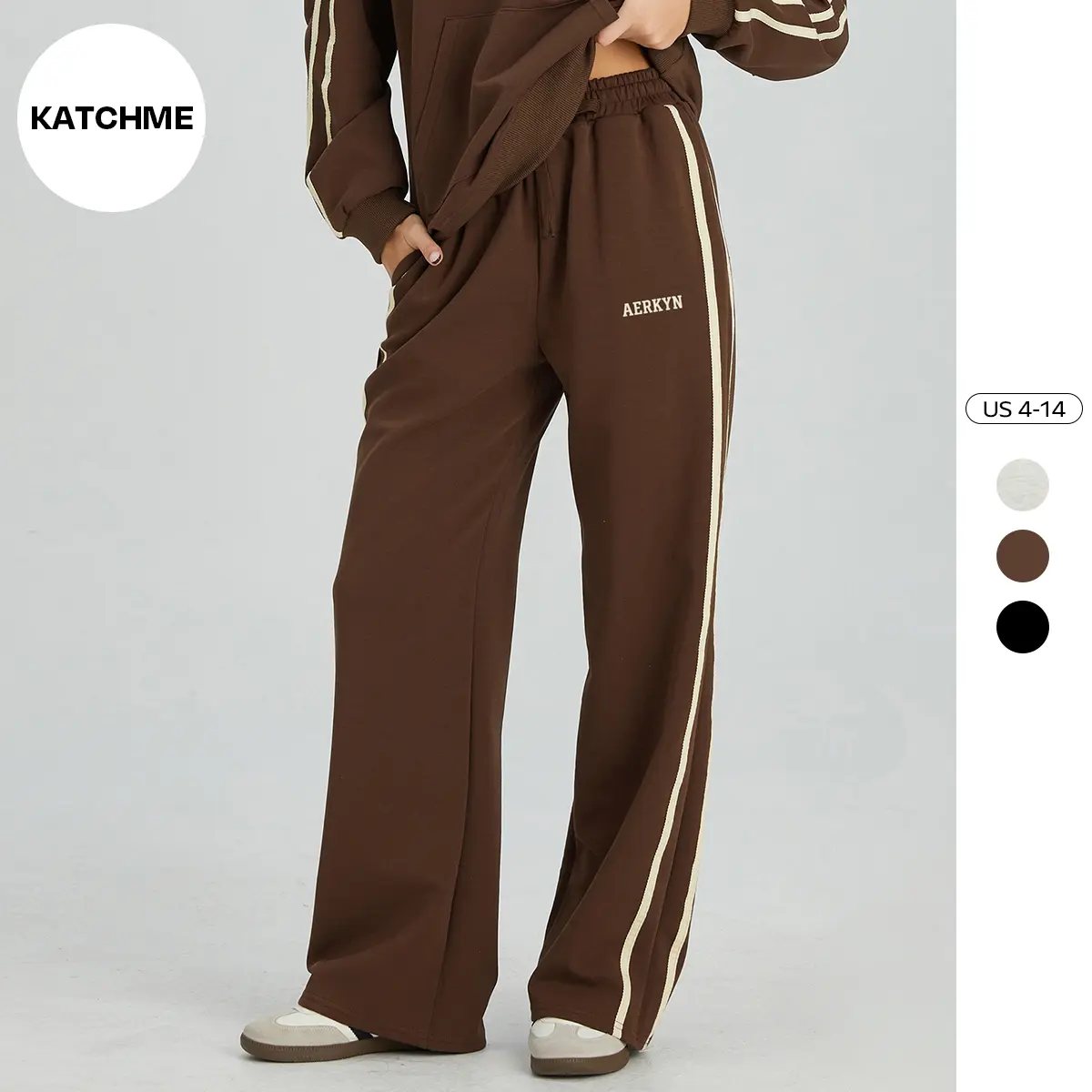 KatchMe Women's Sporty Color-Matching Stripe High Waist Wide Leg Trousers, Versatile Side Pocket Letter Print Daily Outfit, Athleisure Women's Bottom