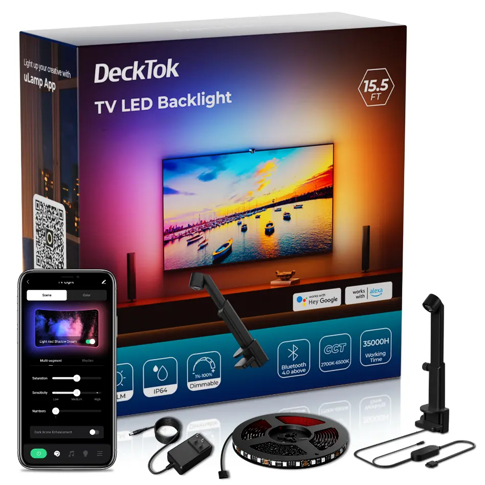 DeckTok TV Backlight 15.5ft RGB LED Strip for 55-70" TVs Smart App Control Music Game Mode Immersive Home Theater Gaming Experience