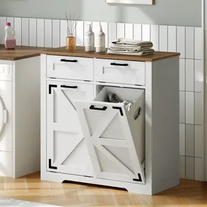 HOOBRO Farmhouse Two-Tone Laundry Hamper Cabinet with Extra Storage and Anti-Tip Kit, Rustic Storage Cabinet with Drawer, for Bathroom and Laundry Room Organization, White and Walnut #SpringSale #BigSpringSale