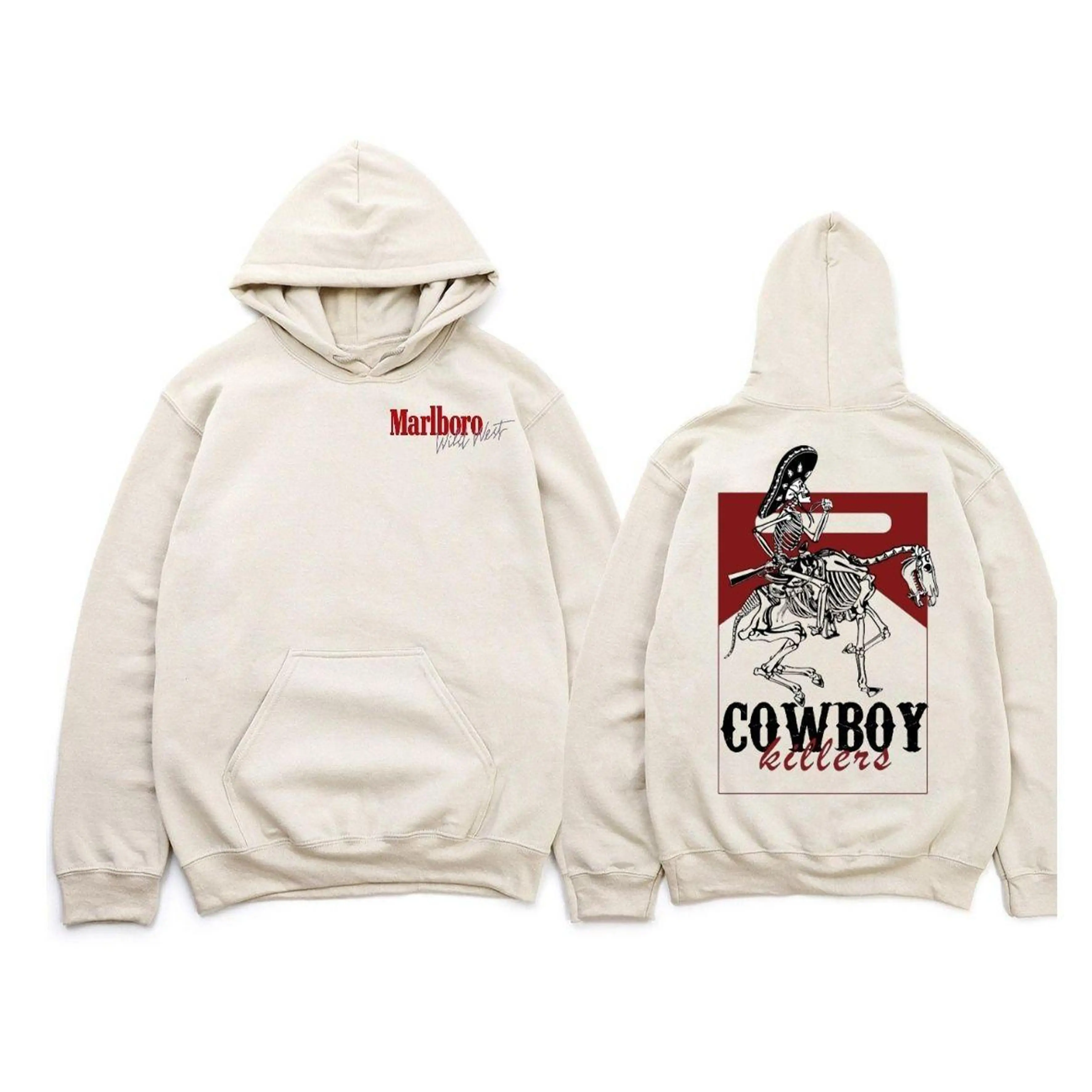 Men's Long Sleeve Ribbed Hoodie - Wild West Cowboy Skull Graphic, Unisex Casual Fashion Sweatshirt Tops for Bold Retro Style Fans, Sweatshirts, Cotton, Graphic Print, Heavyweight, Hooded Neck, Cute, Longsleeves, Pullover, Classic
