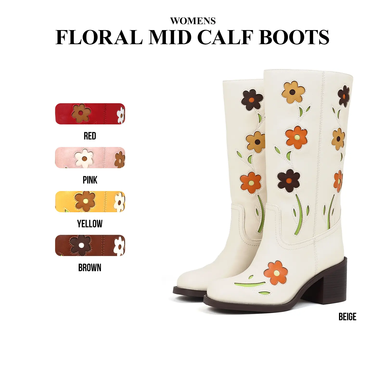 CYNLLIO Womens Floral Mid Calf Boots Square Toe Chunky Block Heel Pull On Fashionable Flower Design Cowgirl Bootie Comfy Walking Office Outdoor Clubing Dating Spring Wide Calf Boot Lolly Cowboy Boots