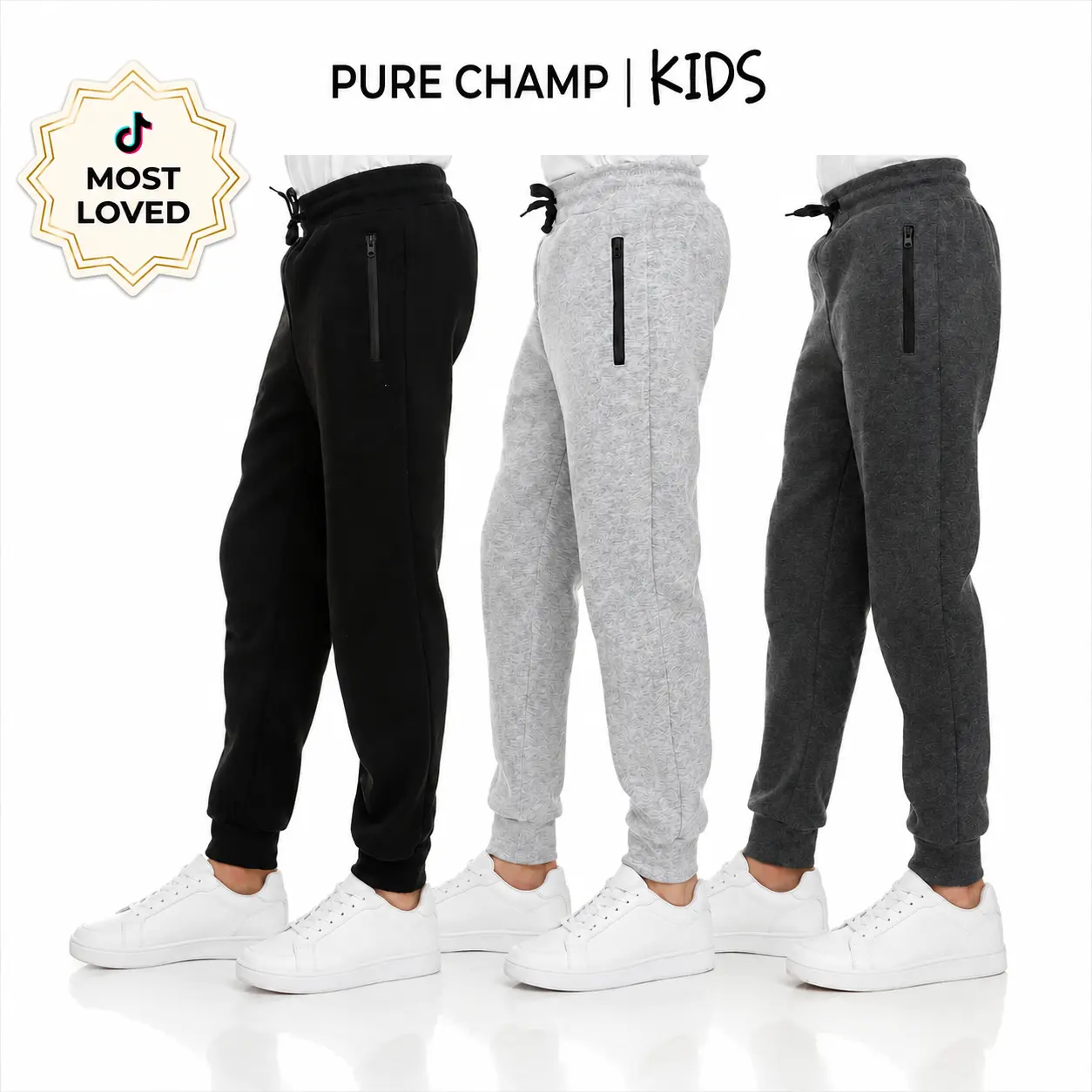 PURE CHAMP Boys' Cotton 3-Pack Fleece Jogger Sweatpants with Zipper Pockets, Sizes 2T-4T