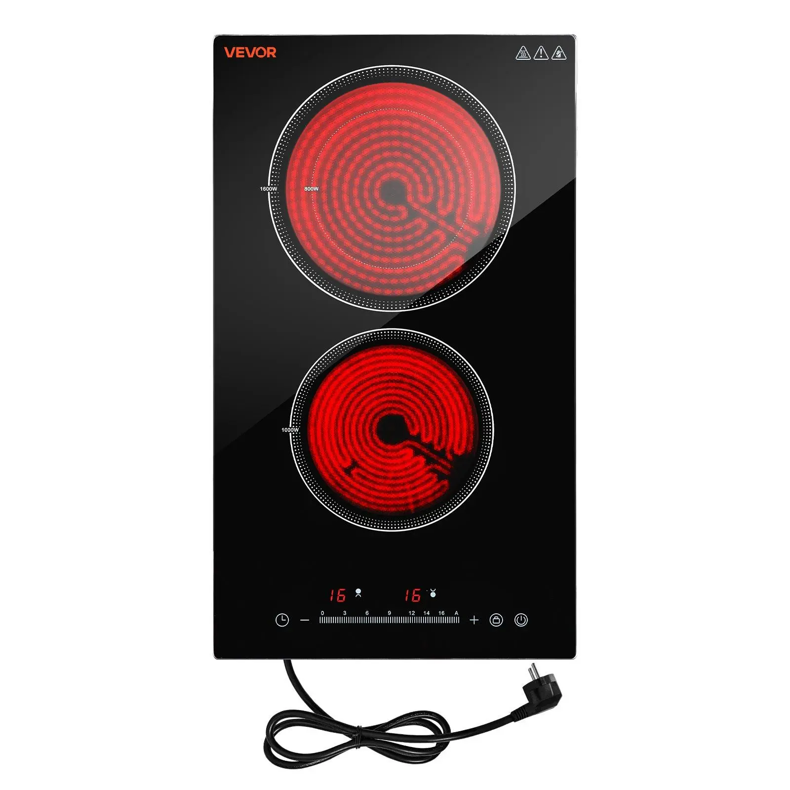 VEVOR 12-Inch 2-Burner Portable Electric Cooktop, 1800W 120V Plug Ceramic Radiant Heat Stove, Built-In/Countertop Use, 16 Power Levels, Timer, Child Lock, Over-Heat Guard, Touch Control