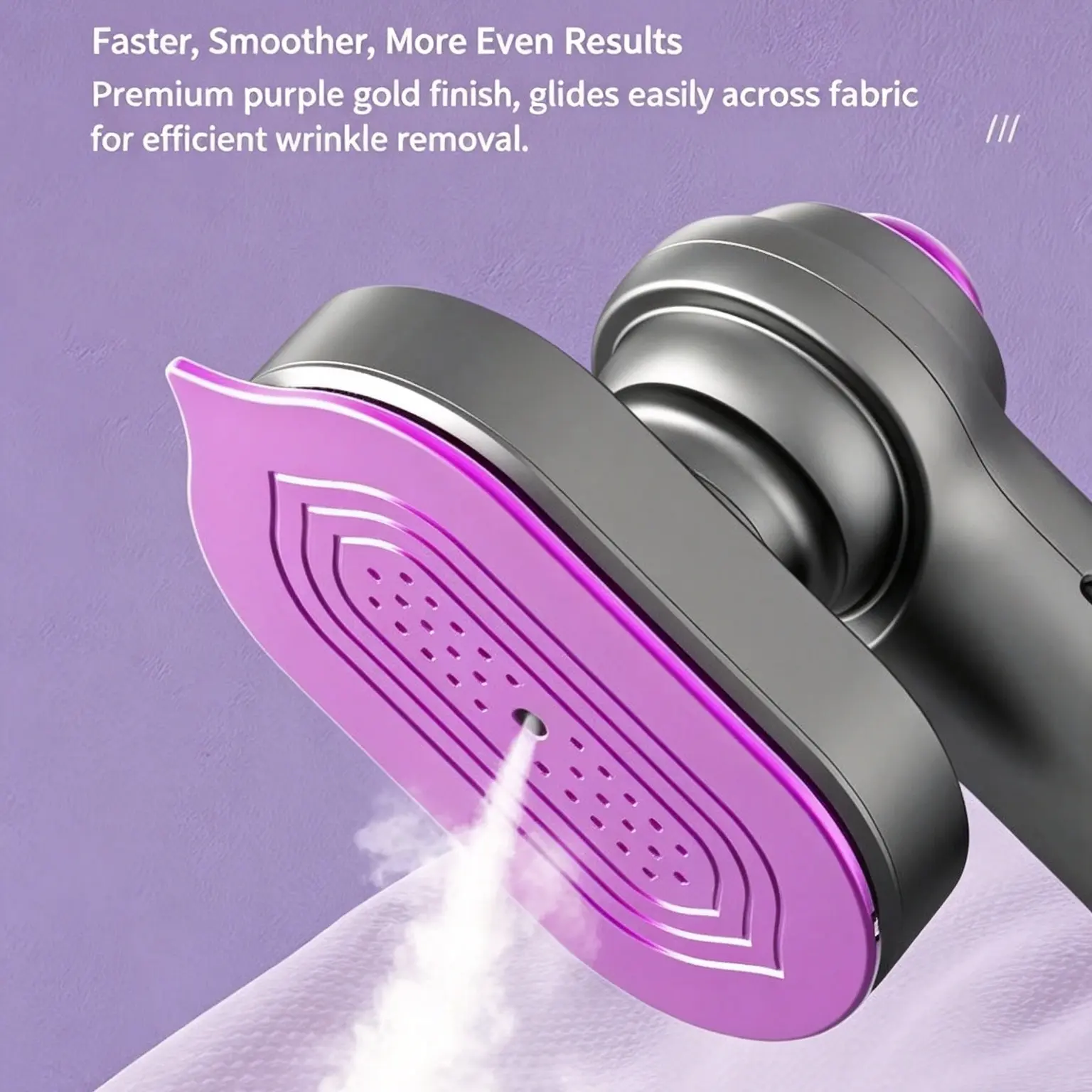 A compact, handheld garment steamer designed for home, office, and travel use; features rapid steam heating, a leak-proof design, six fabric settings, and 360° rotation.