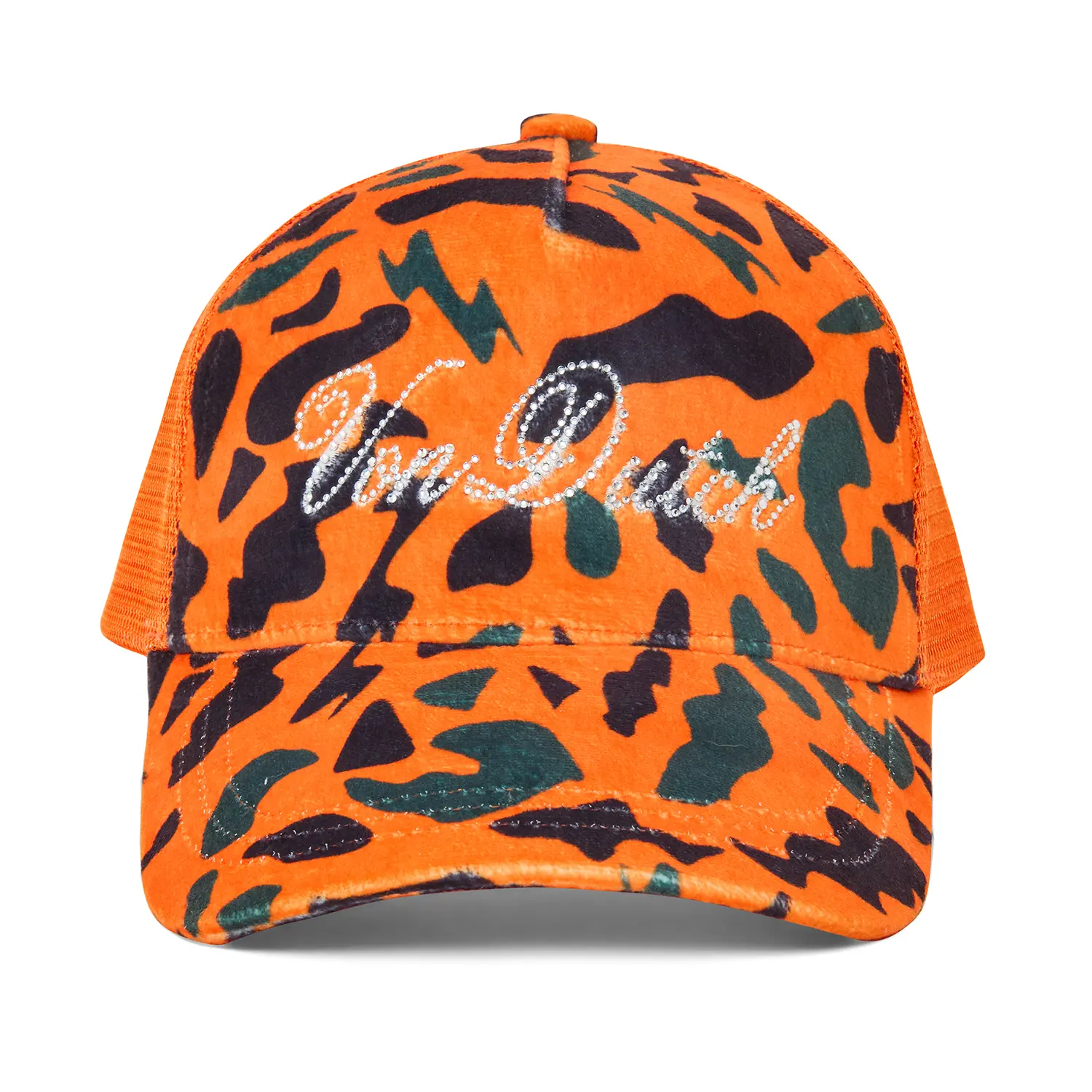 Orange Camo Velour Rhinestone Trucker Hat