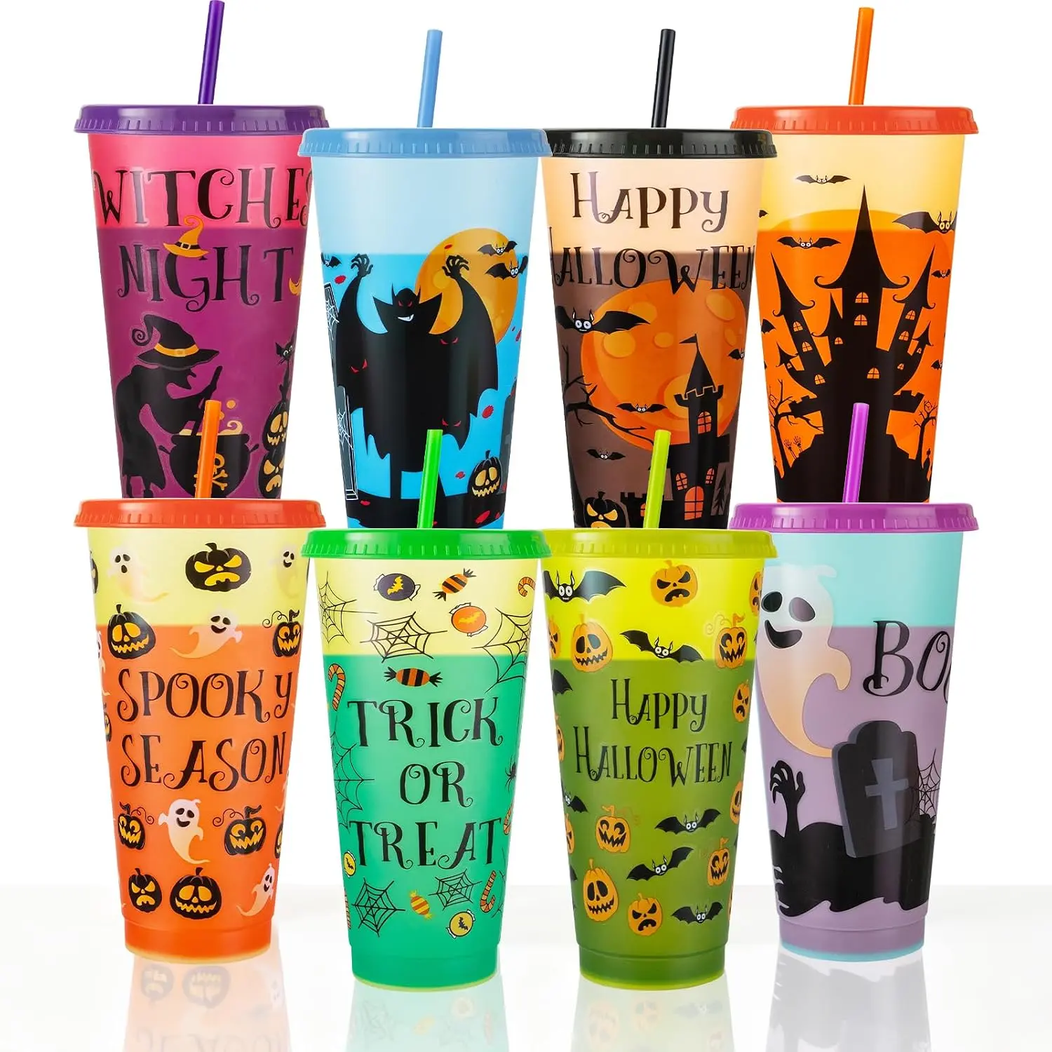 8 Pack Halloween Decorations Color Changing Reusable Cups with Lids and Straws - 24 oz Plastic Tumblers Bulk with Lids and Straws - Reusable for Party Cups