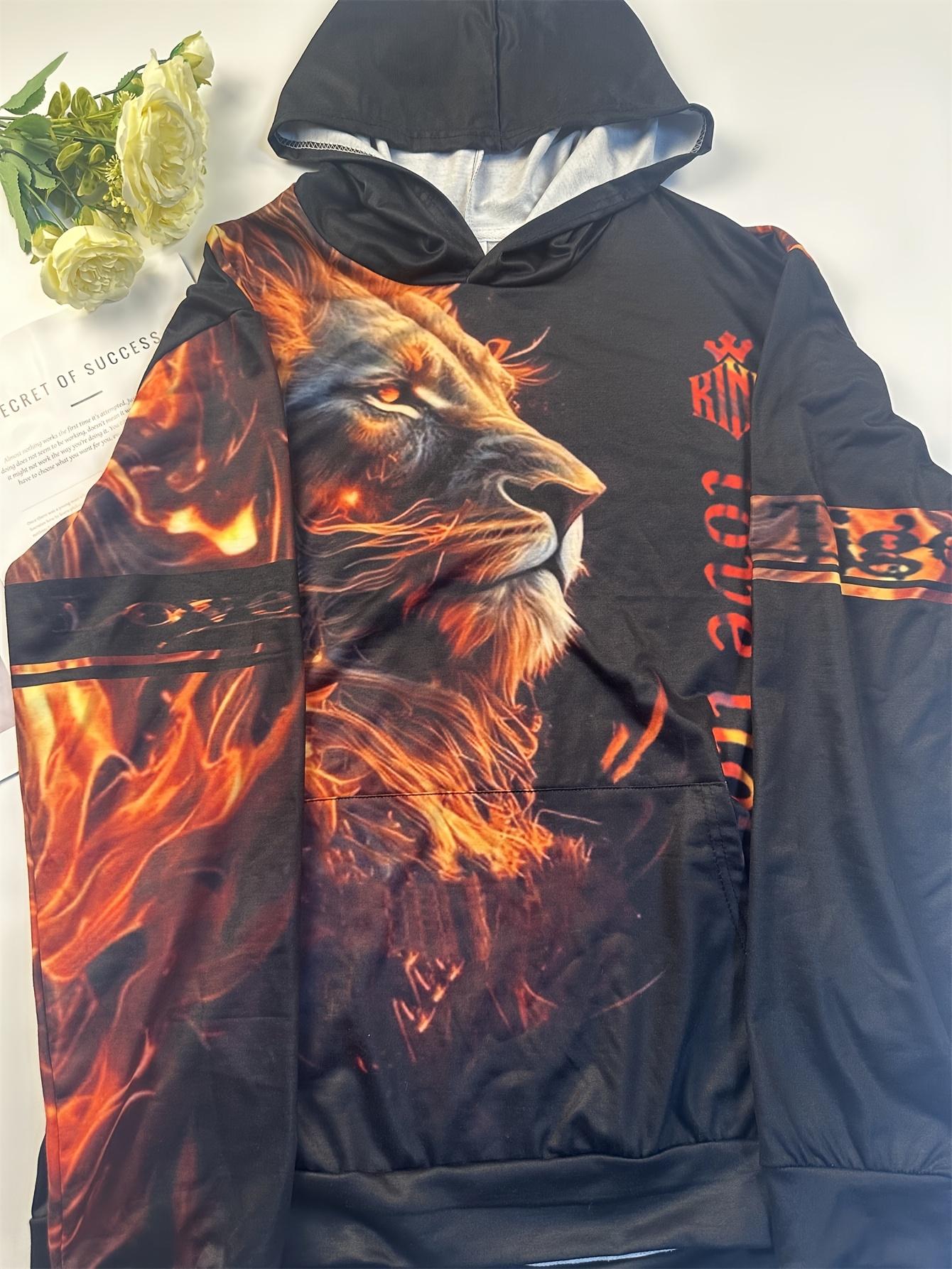 Men's 3D Lion Print Hooded Sports Jacket and Pants Set Casual Sportswear, Hooded Long Sleeve Top with Pocket Design, Regular Fit Knitted Fabric, Comfortable for All Seasons, Animal Pattern