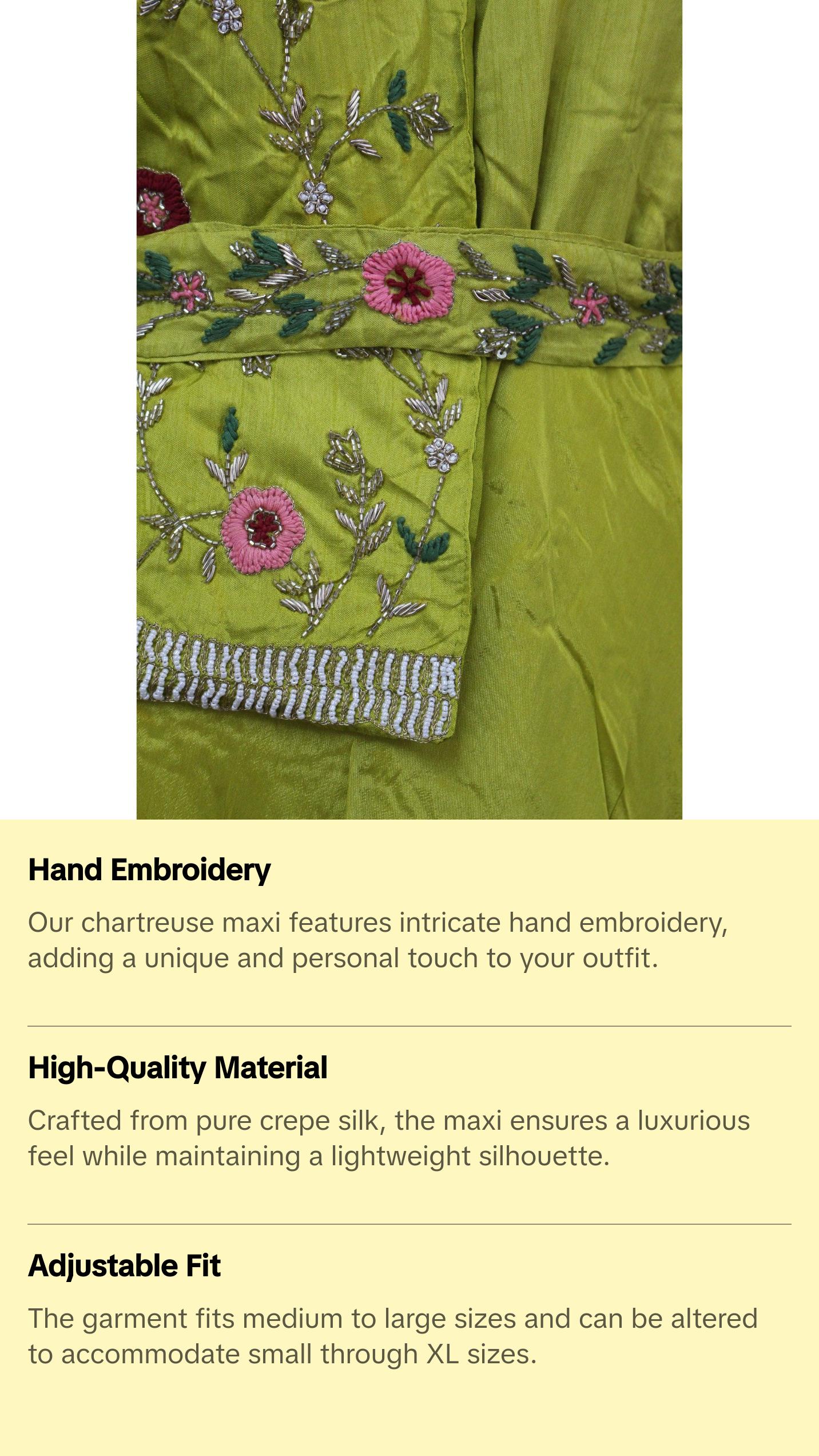 Hand Embroidered Chartreuse Maxi with Belt