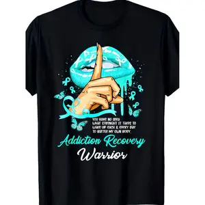 Women's & Men's Addiction Recovery Warrior T-Shirt - Sobriety Gift Tee with Teal Lips & Butterflies Design, Black Shirt for Recovery Meetings, Apparel, Plus Size Big & Tall, Machine Washable - Perfect for Gym, Travel, Casual Wear