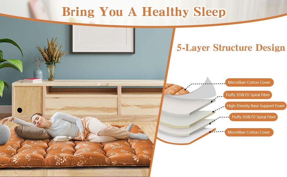 【GARVEE】Japanese Futon Mattress, Futon Floor Mattress Japanese Style Floral Pattern Mattress for Floor, Tatami Mat, Sleeping Mattress Pad for Camping Travel (Flowers-red, Full(80"L x 54"W))