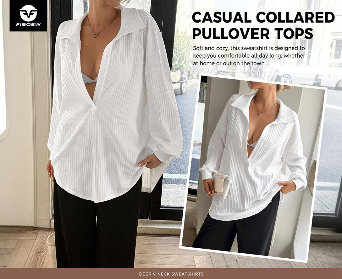 FISOEW 2026 Womens Oversized Sweatshirt Deep V Neck Lightweight Ribbed Knit Casual Chic Top Half Sleeve Ribbed Pullover Basic Minimalist Summer Wardrobe Essential