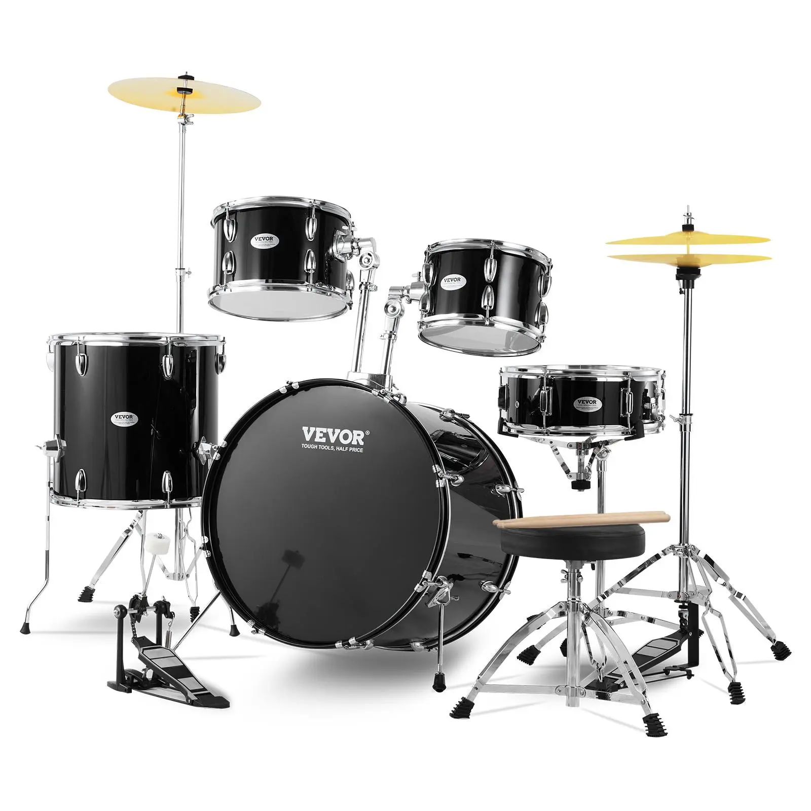 【summerfinds】VEVOR Adult Drum Set, 5-Piece, 22 inches Complete Full Size Drum Kit with Bass Toms Snare Floor Drum Adjustable Throne Stands Cymbal Hi-Hat Pedal and Drumsticks, Beginner Drum Kit for Adults, Black