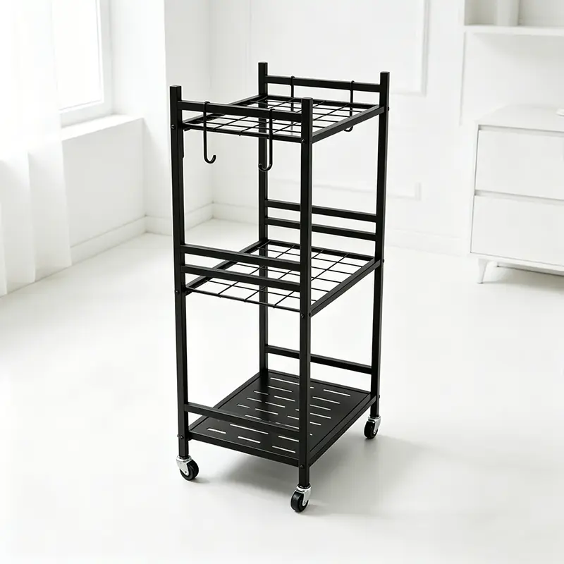 Black Outdoor Storage Cart Organizer - Sturdy Metal Steel Frame Garden Organizer Rack Shelf, Functional Single Unit with 4 Hooks, Holds Up to 35 Long-Handled Tools for yd/Garage, Complements Outdoor Spaces, Portable