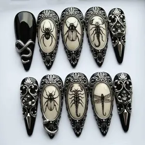 Handmade Victorian Gothic Press On Nails | Vintage Insect Art, Silver Baroque Frames & Snake Charm Details | Nails For Dark Elegant Vibes