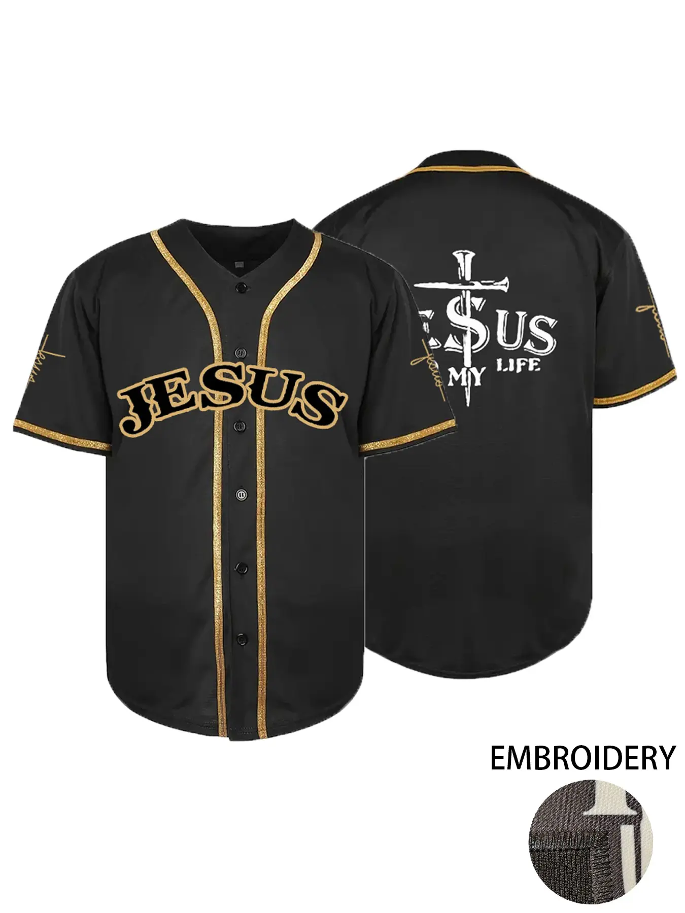 Men's "JESUS" Stitched Baseball Shirt, Embroidered Sportswear Top, Casual Short Sleeve V-Neck Comfortable Breathable Baseball Jersey, Button Front T-Shirt, Outdoor Sports & Games, Parties,Unisex, All Seasons