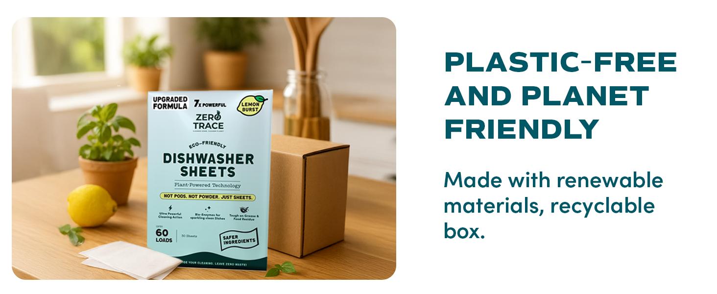Zero Trace Dishwasher Detergent Lemon Burst - Eco-Friendly Sheets for Dish Washing - Plant Powered Technology - More Efficient than Dishwasher Pods or Tablets (38 Sheets) Cleaner Cleaning