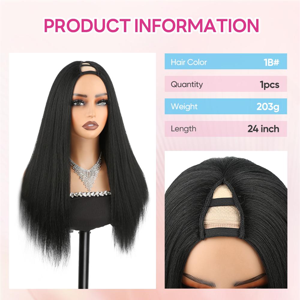 AuvzyHair 24inch V Part Wig Body Wave Glueless Clip In Extensions Thin Part Long Wavy Black Half Wig for Women Synthetic Hair No Leave Out V Part Wigs Beginner Friendly