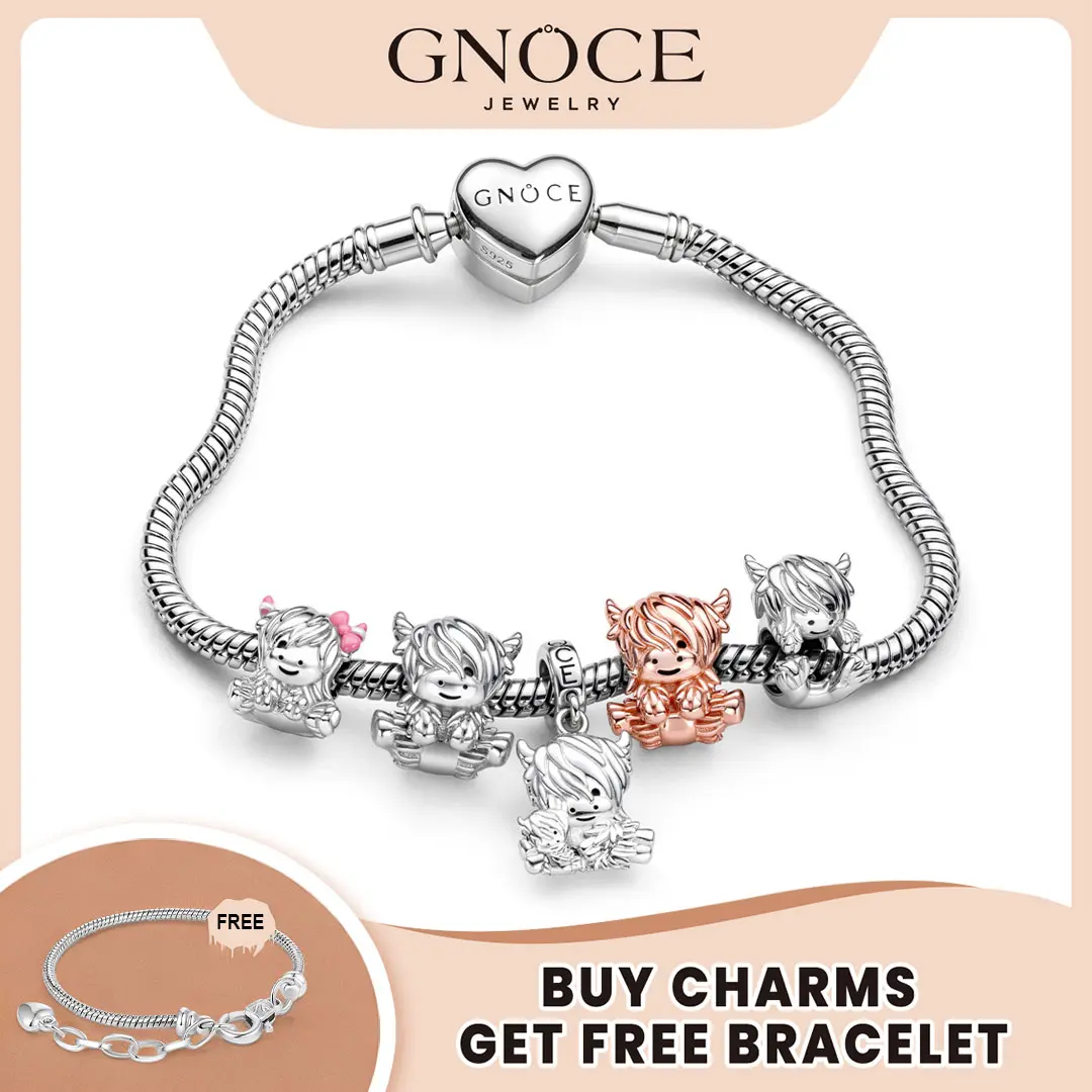 Gnoce Highland Cow S925 Charms Pendant Bracelet Necklace Ladies Fashion with Bracelet Charms Scotish Highland Cattle Charm Bracelet Birthday Gift  Valentine's Day Gift  Anniversary Gift