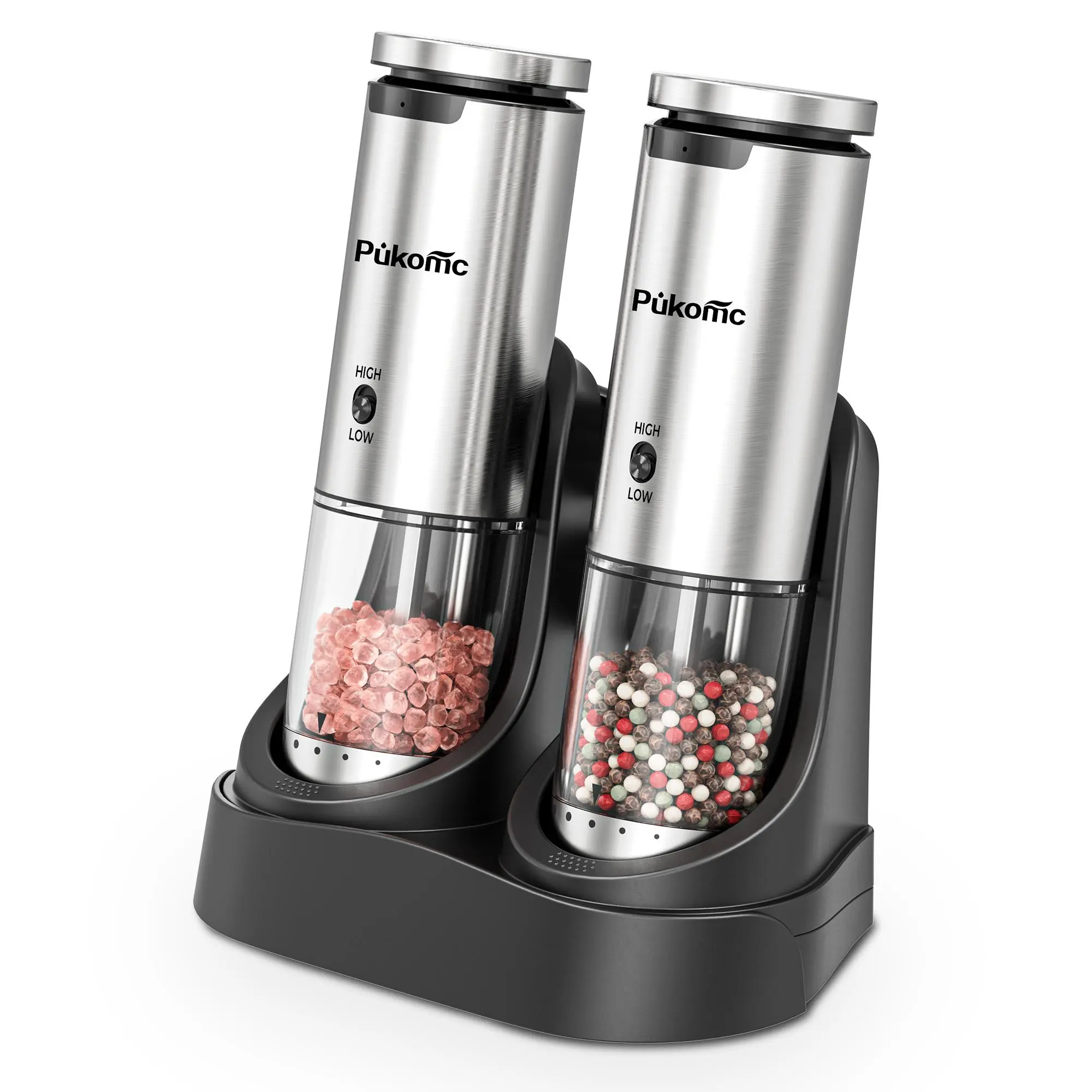 Pukomc Electric Salt & Pepper Grinder Set - 6 Adjustable Coarseness, Rechargeable Base, LED Light, One-Hand Operation, Detachable for Easy Cleaning, Includes 12 Grinders & Accessories Reusable Cooking Kitchen Seasoning Utensils