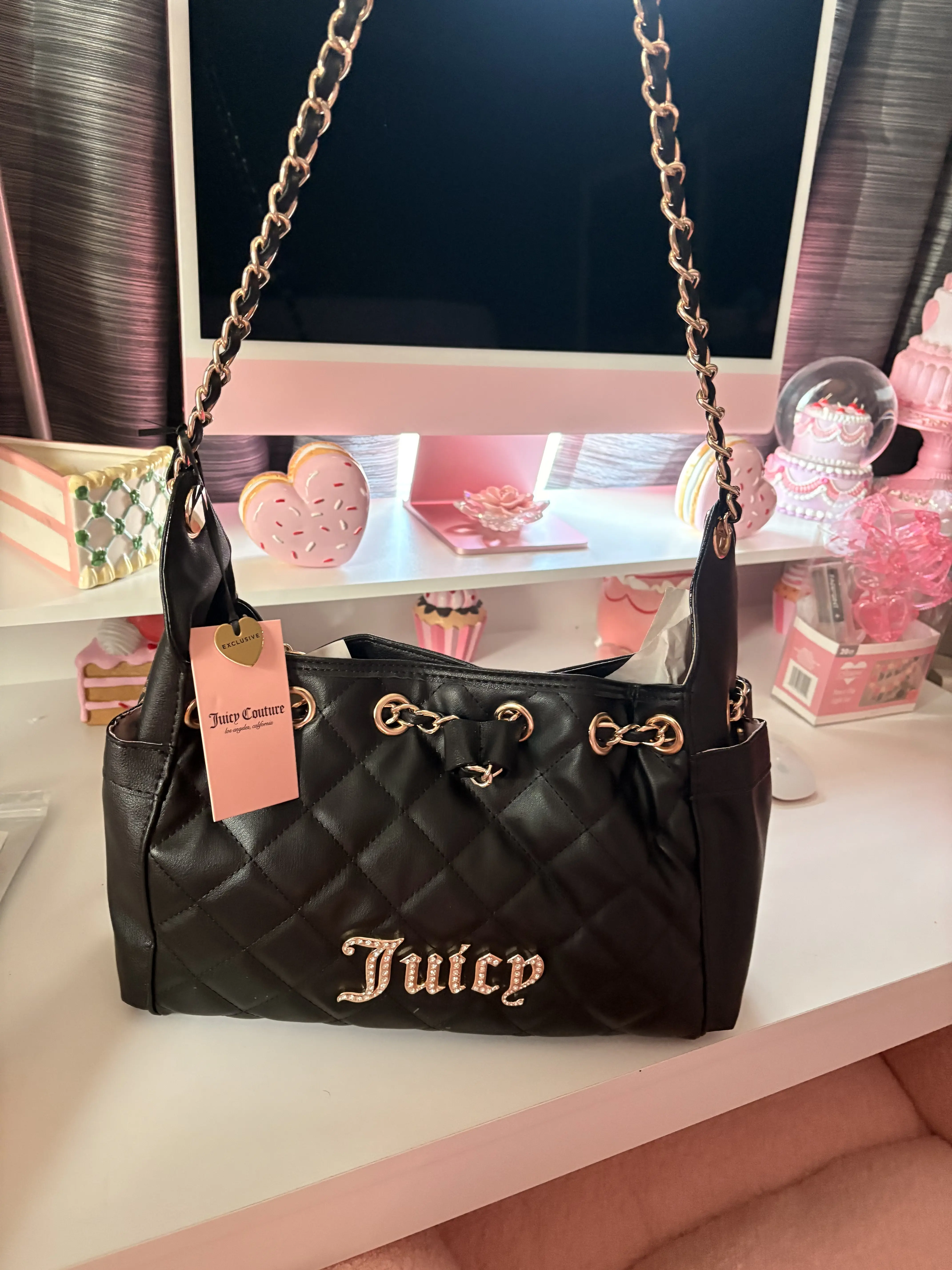 Juicy Couture Quilted Chain Shoulder Bag Black Gold-Tone Accents Adjustable Strap Spacious Interior Viral Trending Style Designer-Inspired Look