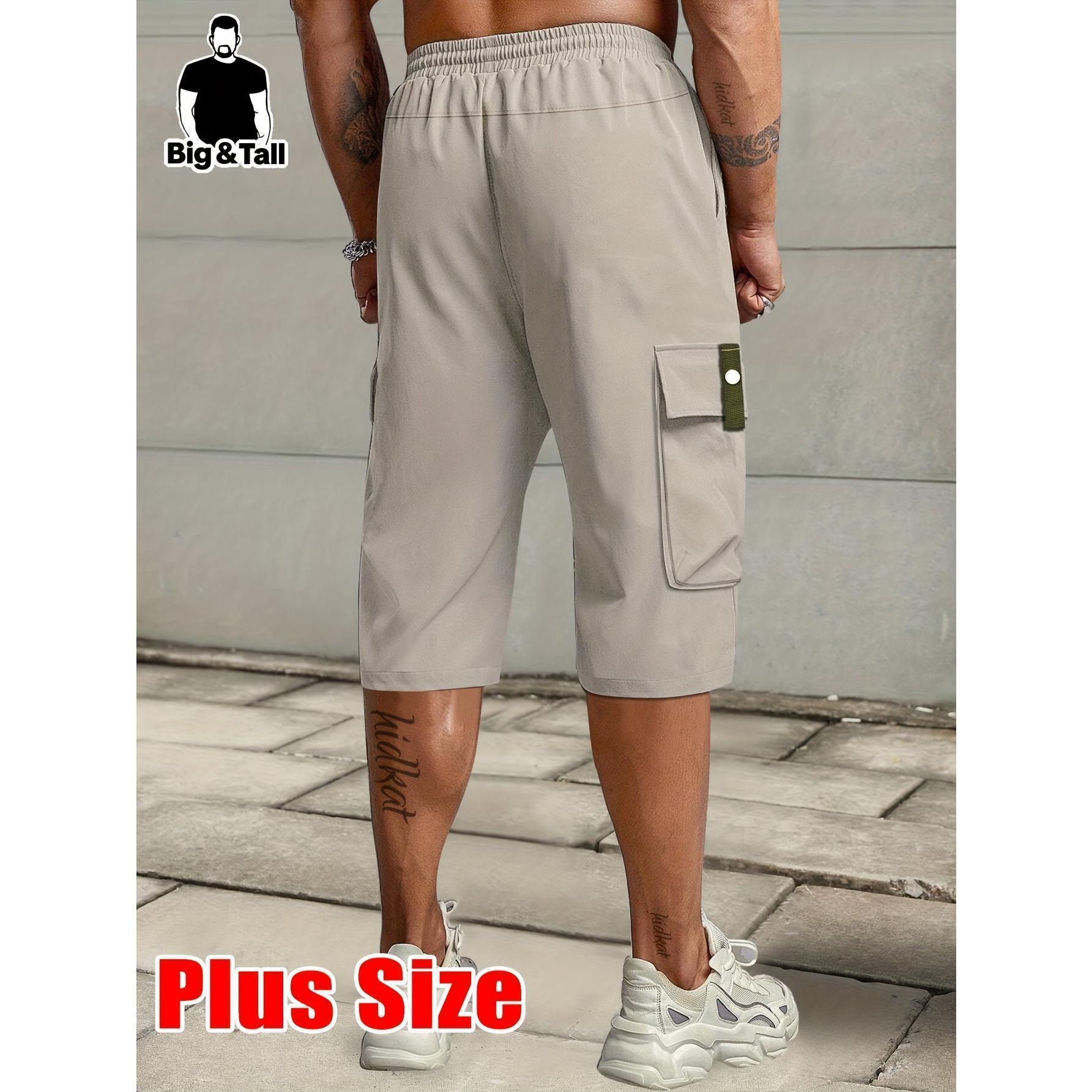 Men's plus size summer work pants - elastic drawstring waist circumference, multiple pockets and letter patches, regular mid waist non elastic fabric, opaque, suitable for daily and casual wear, Father's Day gift casual pants for summer