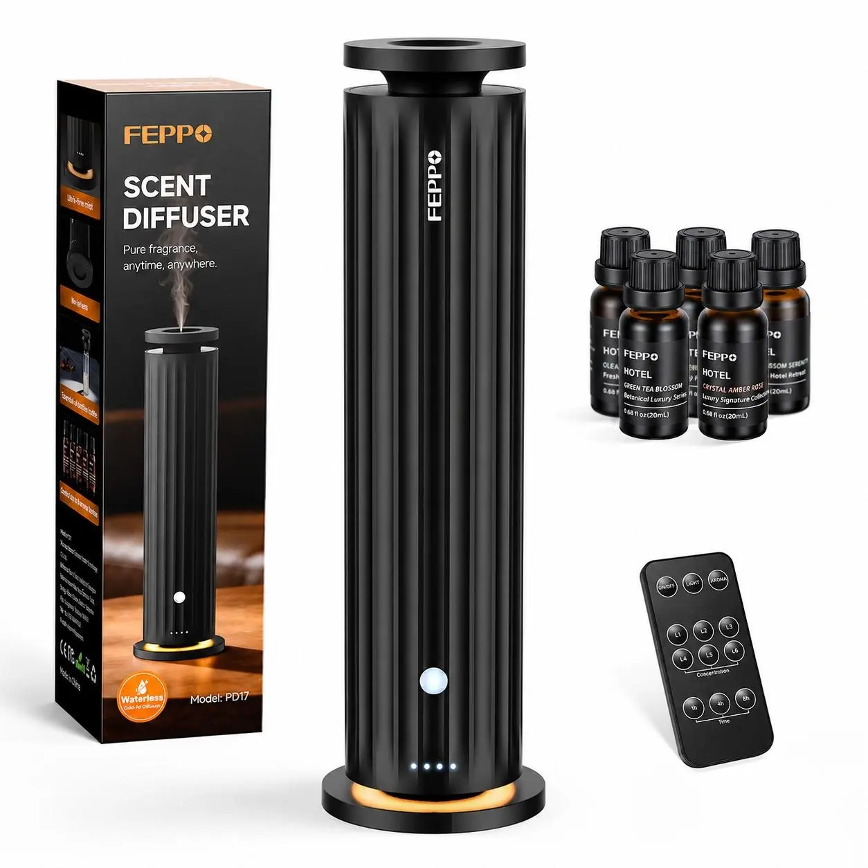 FEPPO Waterless Diffuser - Cold Air Waterless Essential Oil Diffuser Starter Kit with 5x20mL Hotel Scent Oils, Quiet Smart Scent Diffuser, 6 Intensity, Timer, 1000 Sq. Ft for Home, Office, Hotel, Yoga,back to school,back to school haul