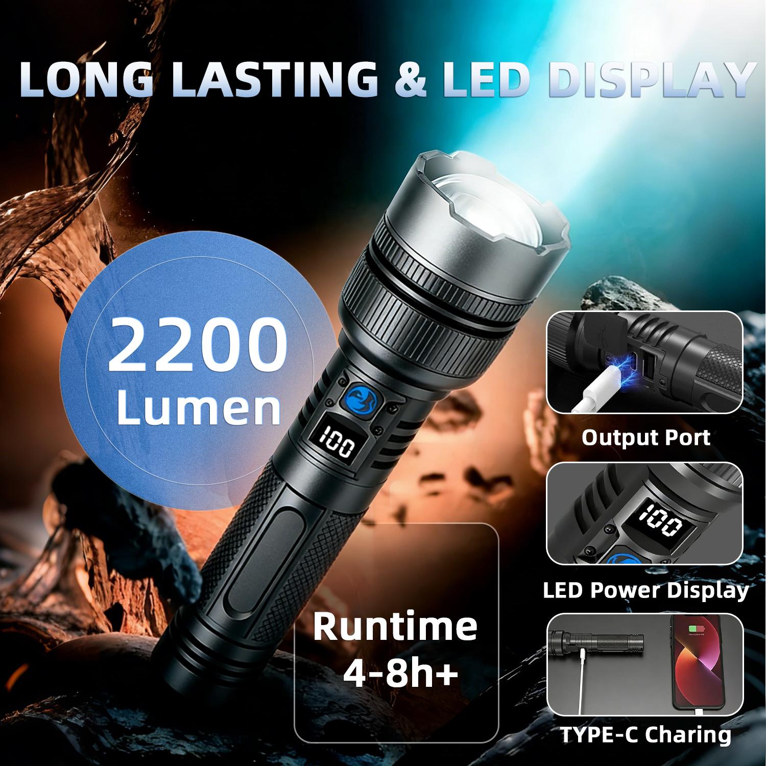 2PCS Newly upgraded 2200 lumen Super Bright Rechargeable Flashlight, super bright, shockproof and waterproof, 5 modes, tactical accessories, zoomable flashlight, suitable for outdoor emergency signals. TiktokShopSpringGlowUp