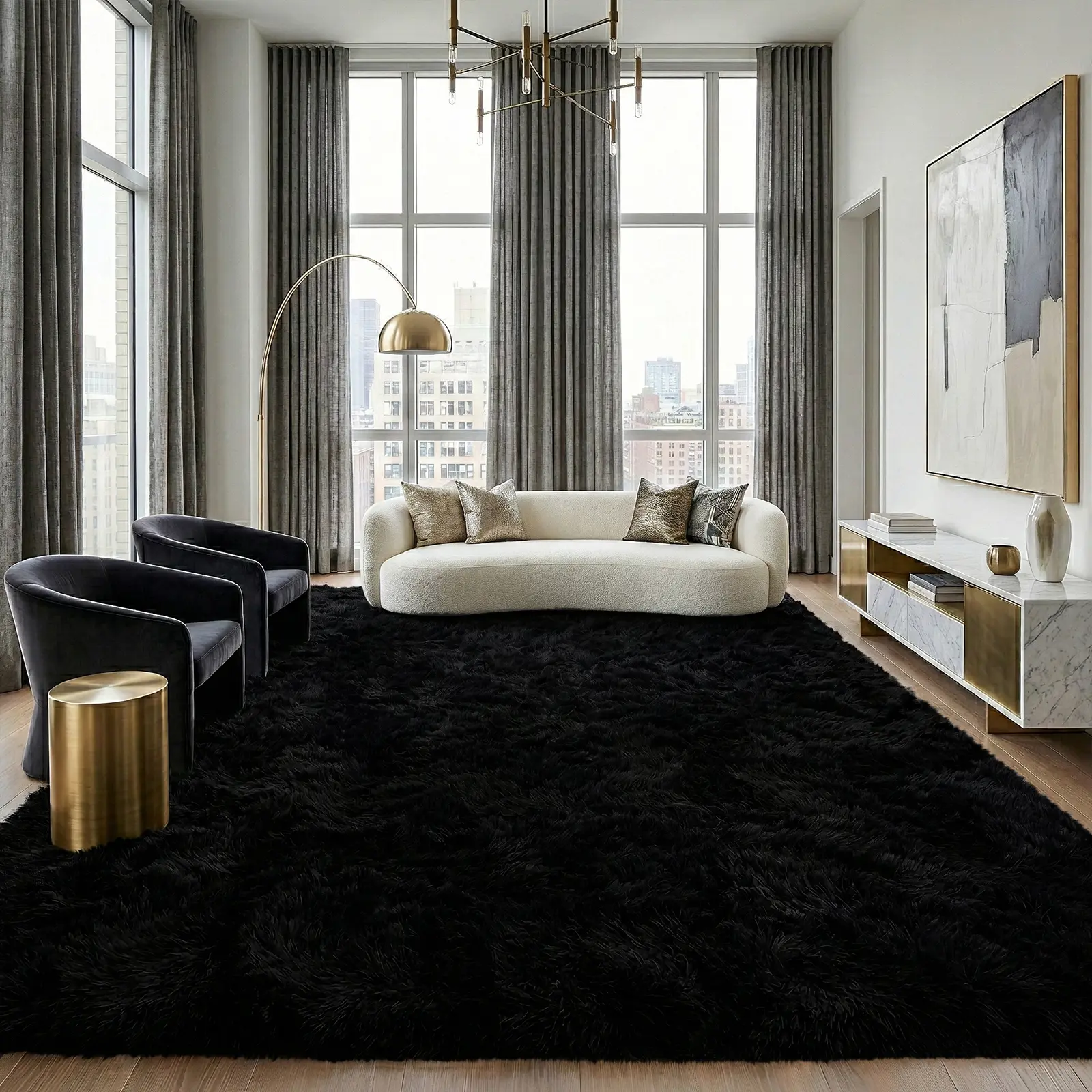 【Back to School】PLUMLIK Black Fluffy Soft Area Rugs for Bedroom, Father's Day Gifts ideas, Rugs for Room Men, Ultra Soft Fluffy Big Carpets for Bedroom, Modern Thick silky furry Rug for Spring Decor Aesthetic, Upgrade Non-Slip backing, Dry Clean Only