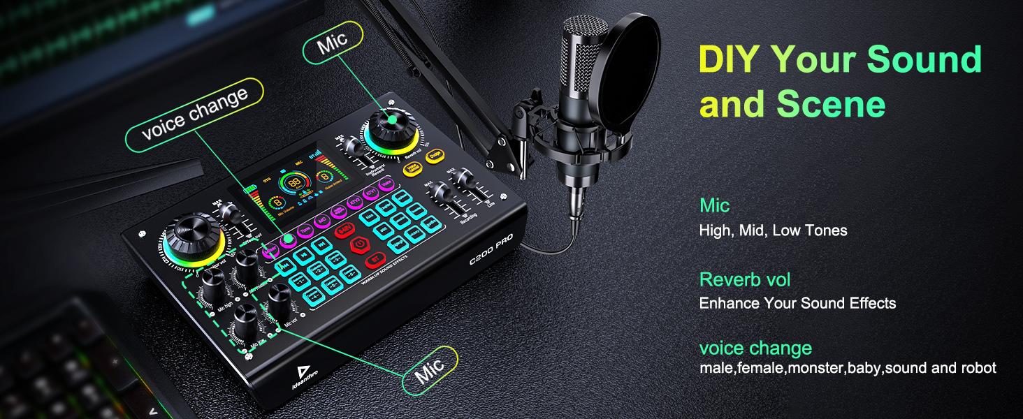 Ideanthro C200 PRO-P15 Sound Card Kit | Dual-core DSP | Audio mixer with dual microphone and headphone connectivity | Adjustable tone and voice changer | Streaming equipment for PCs and mobile devices