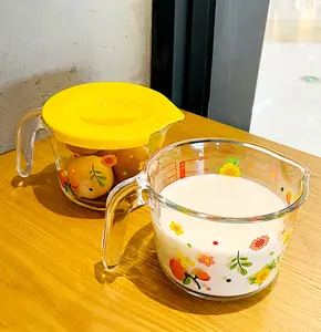 Baking Glass Measuring Cup with Measurement Markings Microwave Safe Heat Resistant Home Breakfast Milk Cup with Floral Design