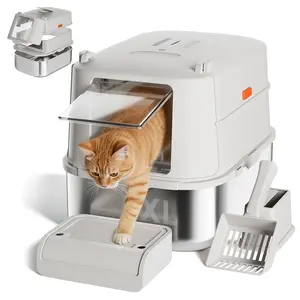 【For Big Cats】Extra Large Stainless Steel Cat Litter Box with Lid XL Enclosed Metal Litter Box for Large Cats, Features High Sidewalls, Removable Cover, Leak-proof, Non-stick, Easy to Clean, Beige Color