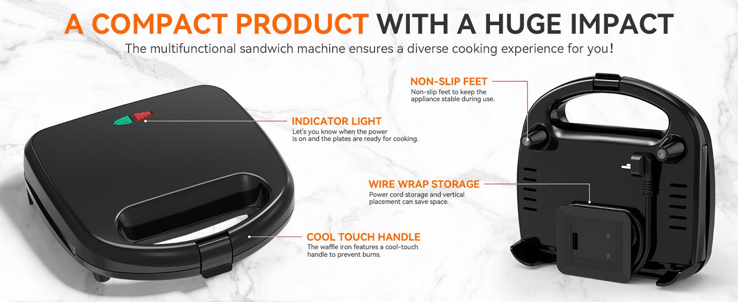 OSTBA Sandwich Maker, 2 Slice Grilled Cheese Maker with Non-stick Flat Plates, Indicator Lights, Cool Touch Handle, Easy to Clean and Store, 750W