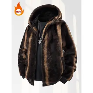 Men's autumn and winter leopard print hooded plush jacket, casual and versatile, warm and cold resistant, essential wardrobe item