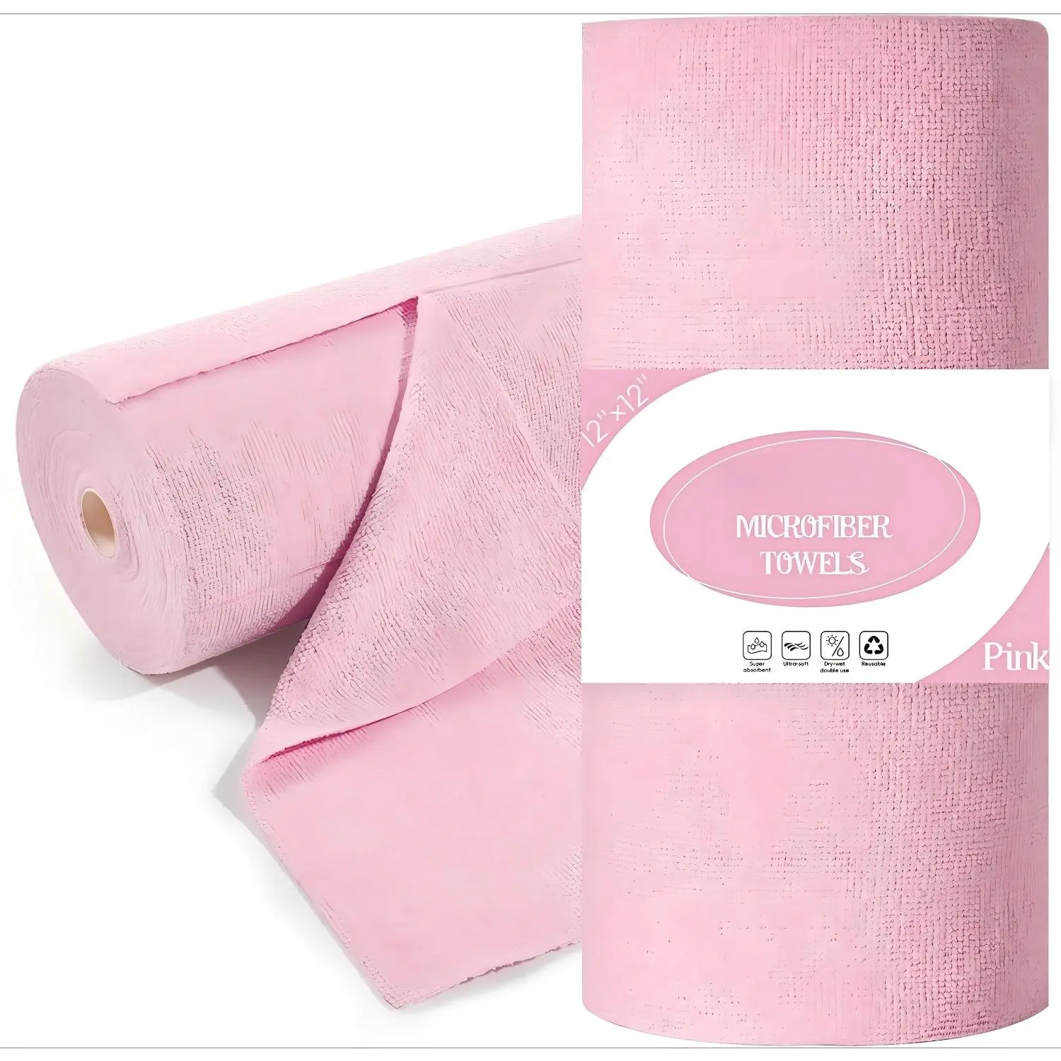 Soft Comfy Microfiber Cleaning Cloth Roll - 45-Pack 12×12in Tear-Away, Durable Easy Clean, Long-Lasting Reusable Synthetic Wipes for Kitchen, Desk, Shops (Pink)