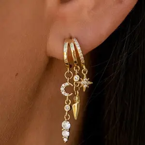 VRIUA 14K Gold Plated Earring for Women Trendy Triple Huggie Earrings Dainty Dangle Earring Small Hoops Statement Long Drop Chain Earrings Non Tarnish Jewelry