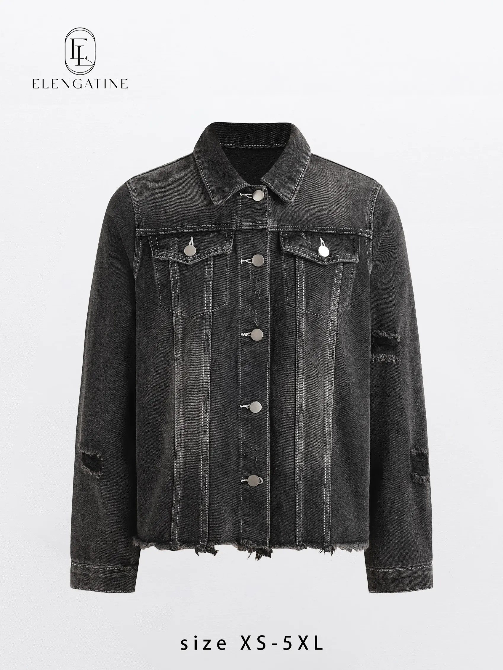 Elengatine Women's Casual Non-Stretch Distressed Ripped Boyfriend Washed Denim Jacket - Lapel, Long Sleeve, Polyester Fabric, Streetwear Bohemian Style, Spring Winter Outwear Tops 2026 Womenswear