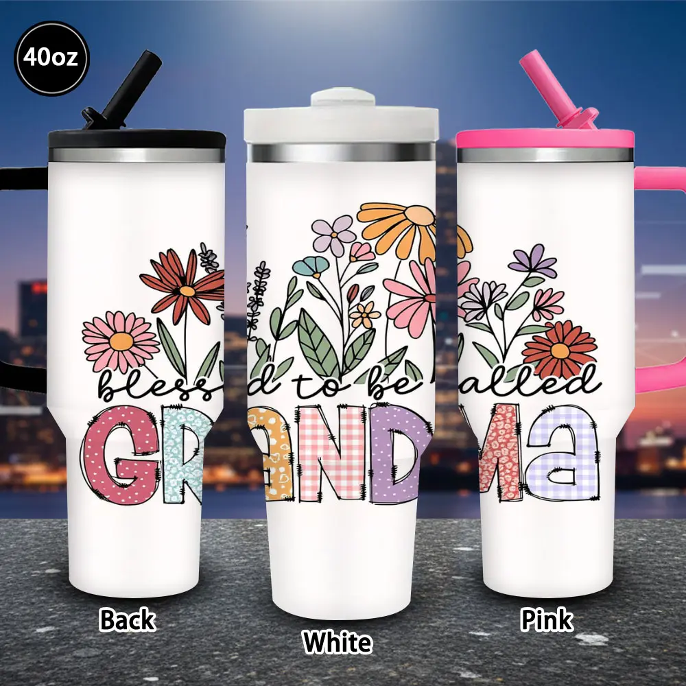 1 pc 40 oz hand-drawn floral “Blessed to Be Called Grandma” tumbler with lid and straw, winter insulated travel mug, gift for women and men, ideal for Valentine’s Day, Easter, and birthdays, suitable for iced or hot coffee