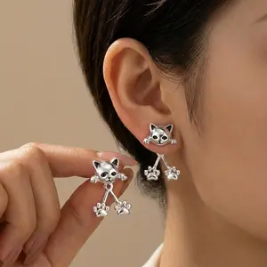 2Pairs Retro-Style Cute Cat Paw Back-Hanging Earrings, Simple And Elegant, Creative, Compact And Exquisite Women'S Earrings