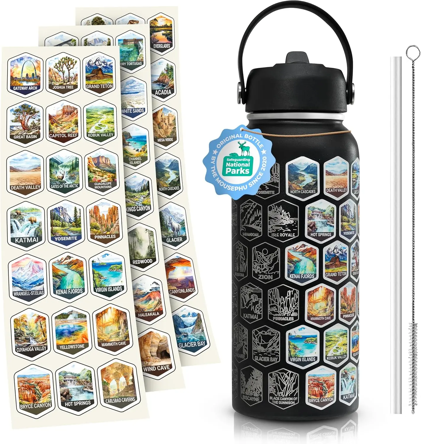 32oz Insulated Water Bottle with 3 Lids Stainless Steel Vacuum Flask Black